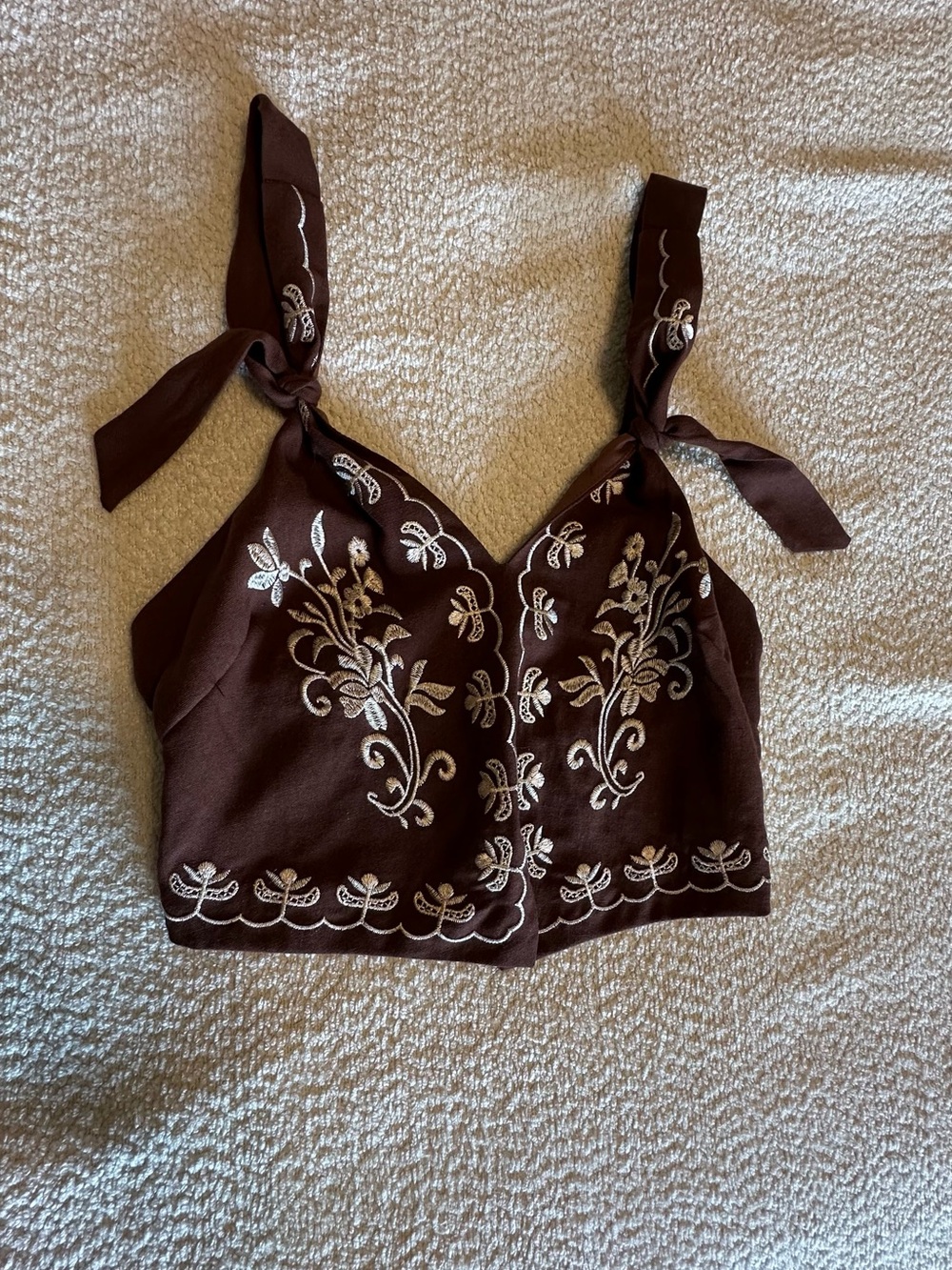 SHEIN Brown Embroidered Tie-Shoulder Crop Top